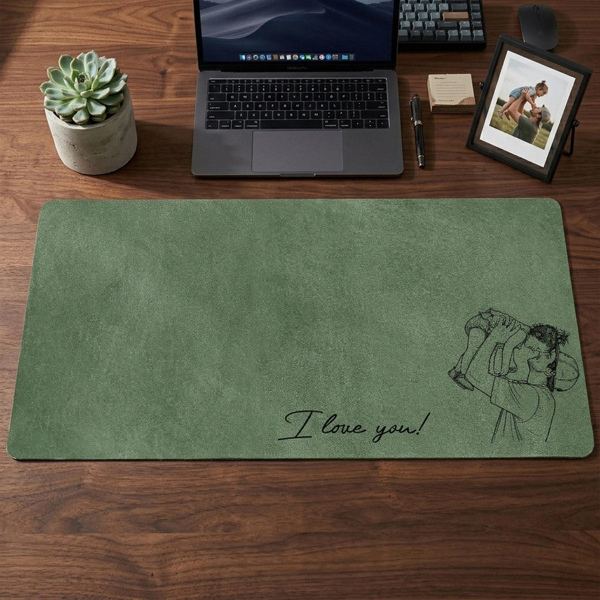 Personalized Dad We Love You Custom Photo Sketch Line Art Desk Mat, Father's Day Gift For Husband, Daddy & Kid Picture Desk Pad Mouse Mat
