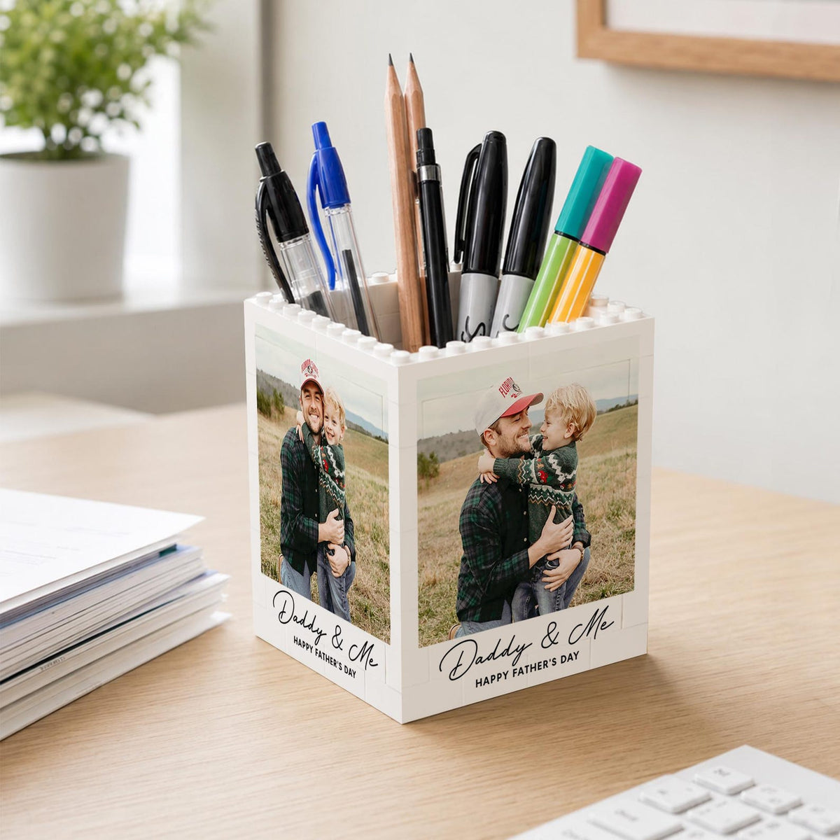 Personalized Daddy and Me Photo Building Block Pen Pot, Father's Day Gift From Kids, New Dad Gift, Gift For Papa, First Time Dad Gift