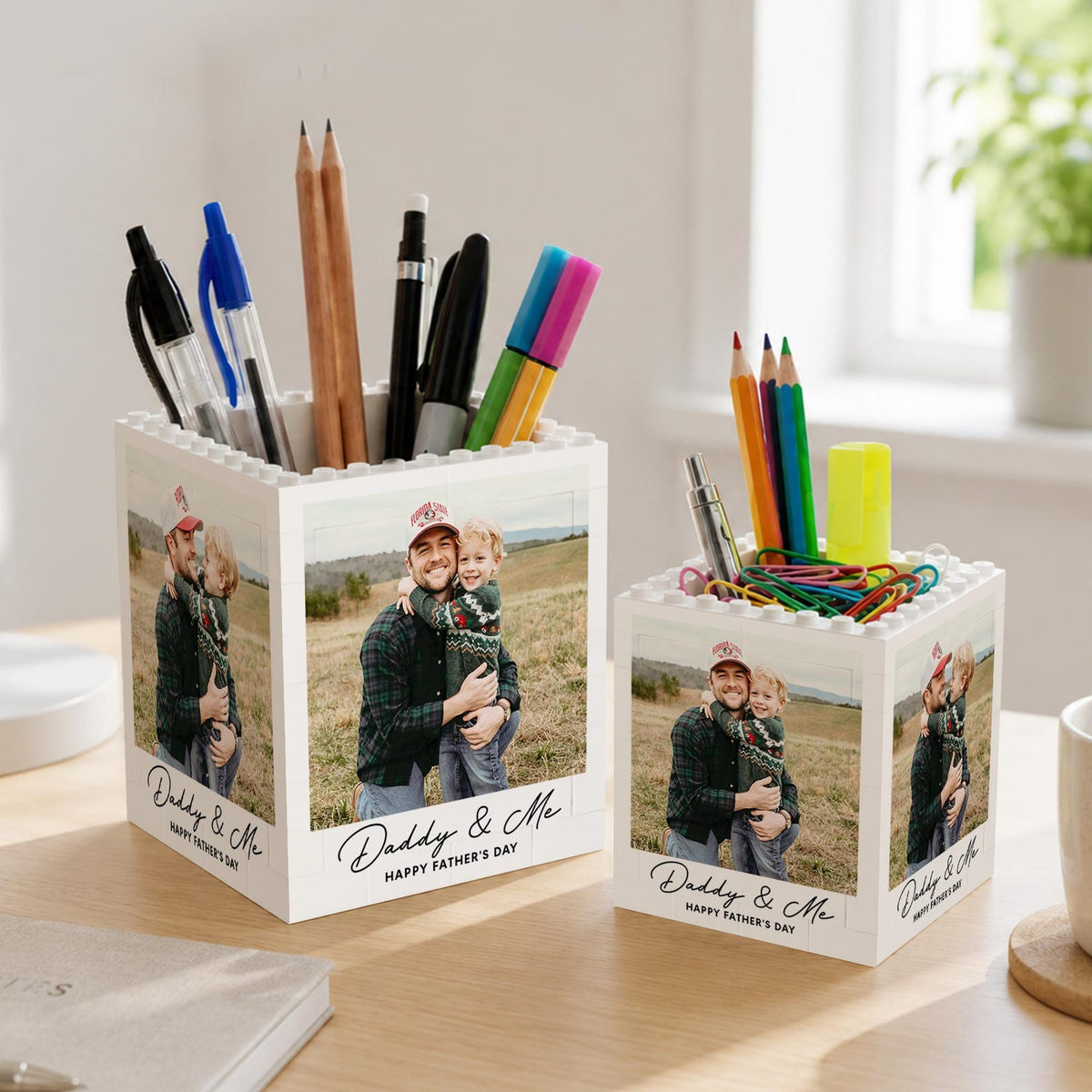 Personalized Daddy and Me Photo Building Block Pen Pot, Father's Day Gift From Kids, New Dad Gift, Gift For Papa, First Time Dad Gift