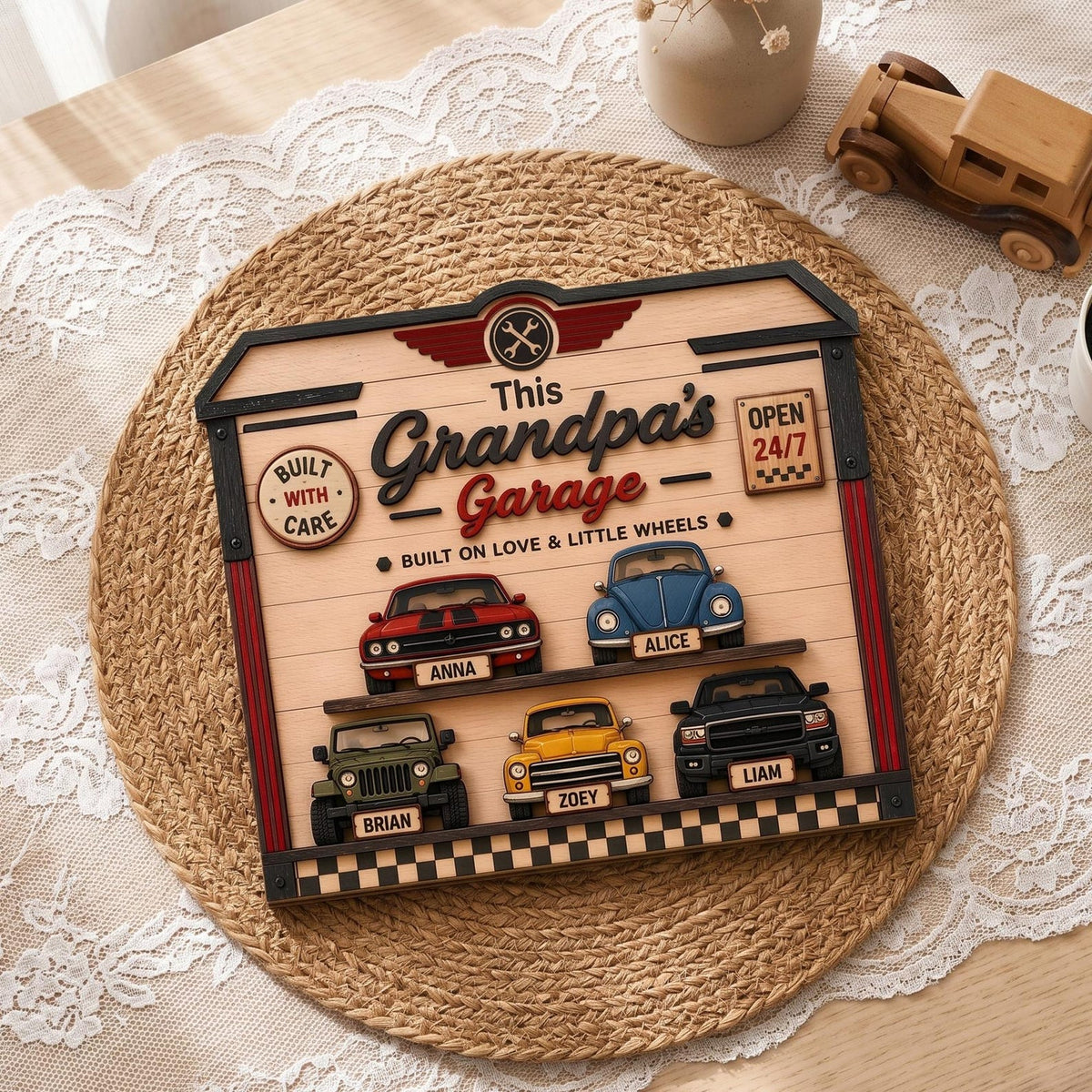Personalized Grandpa's Garage Wood Sign, Custom Kids Name Car Decor, Father's Day Gift for Grandpa, Garage Wall Art, Classic Car Lover Gift