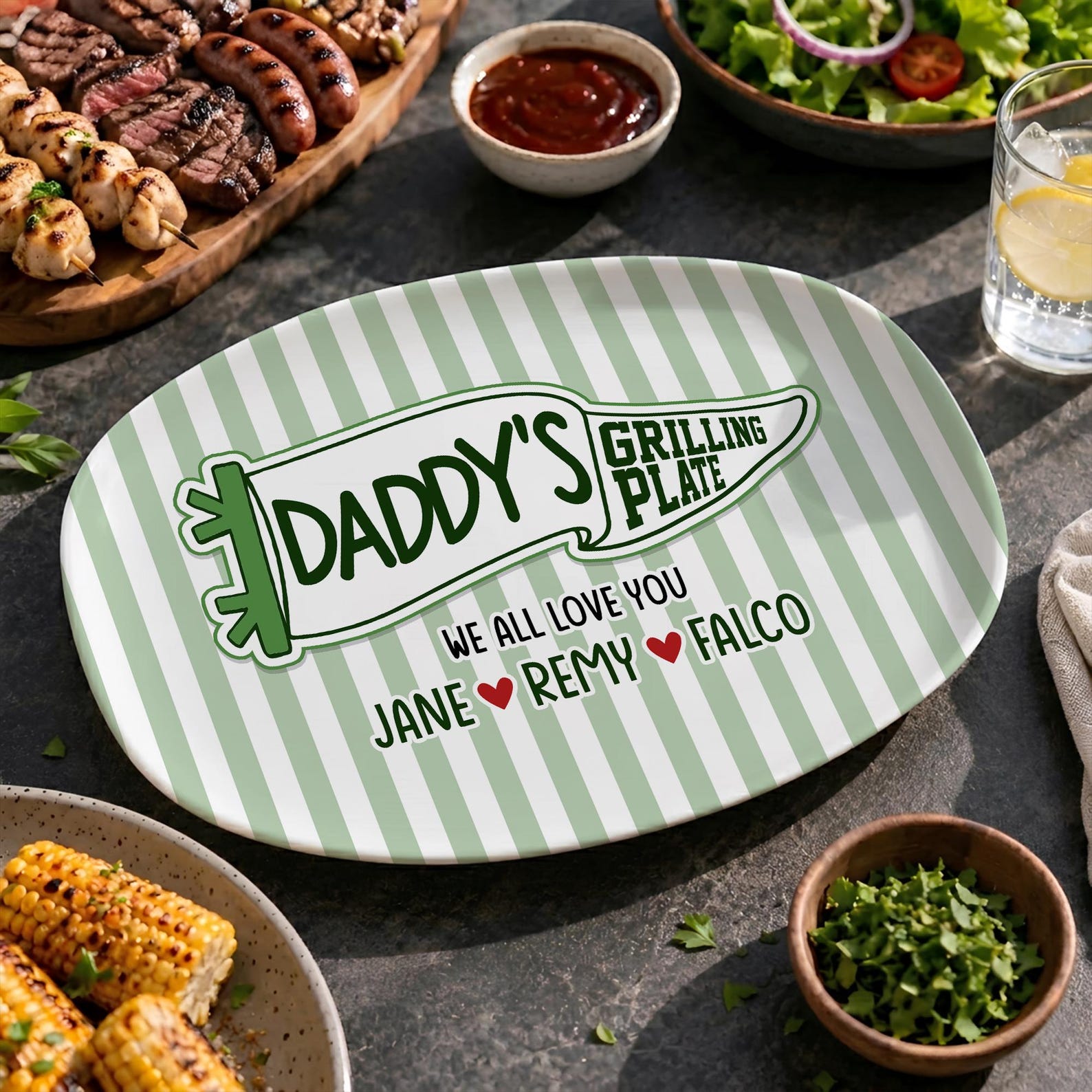 Custom Pennant Flag Dad Grilling Plate, Personalized BBQ Platter Father's Day Gift from Kids, Grandpa Gifts
