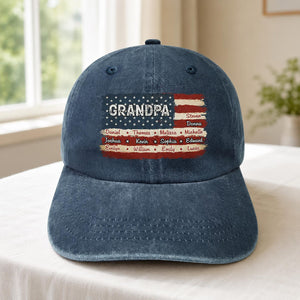 Personalized Grandpa Hat With Grandkids Names, Custom American Flag Cap, Father's Day Gift For Grandpa, Grandpa Birthday Gift, Papa Hat