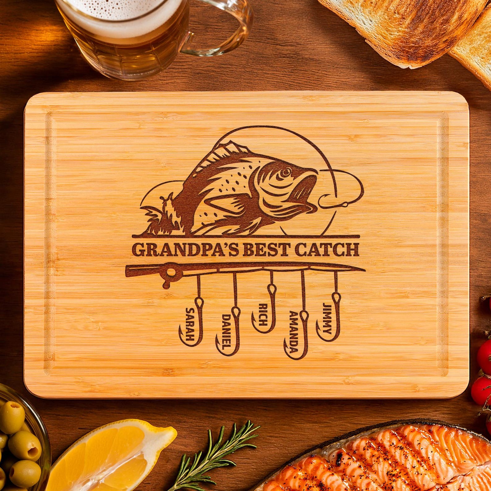Papa's Best Catch Customized Cutting Board, Personalized Fishing Gift for Dad, Custom Kids Names Board, Father's Day Gift for Dad Grandpa