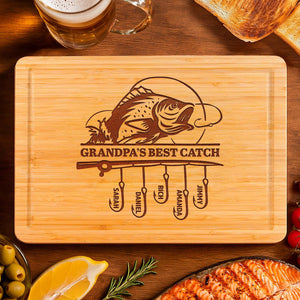 Papa's Best Catch Customized Cutting Board, Personalized Fishing Gift for Dad, Custom Kids Names Board, Father's Day Gift for Dad Grandpa