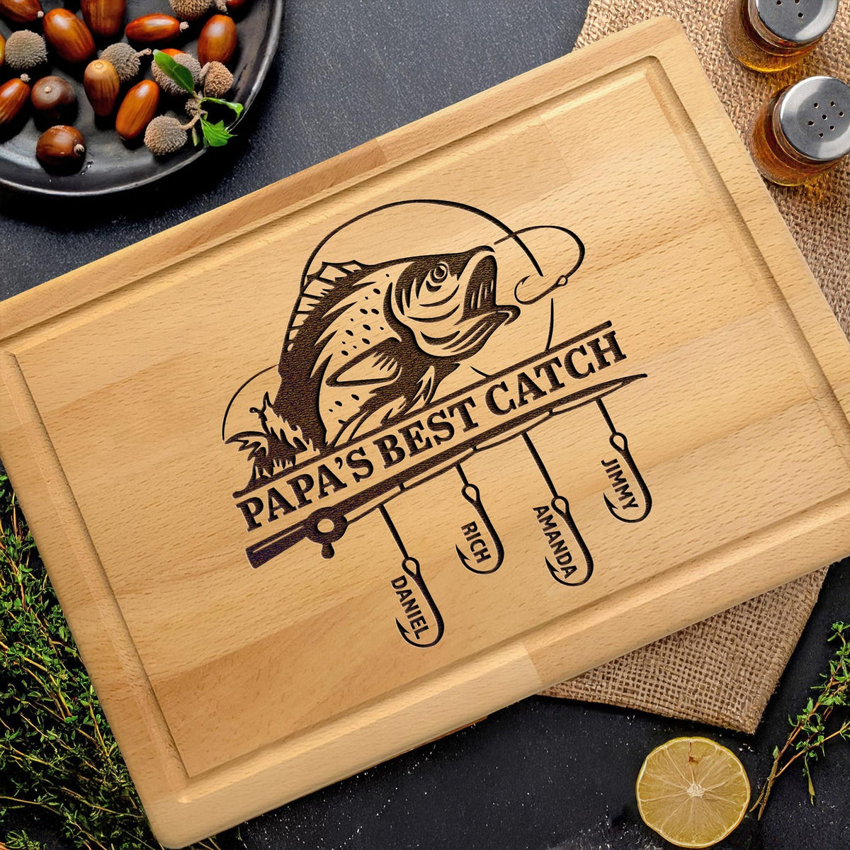 Papa's Best Catch Customized Cutting Board, Personalized Fishing Gift for Dad, Custom Kids Names Board, Father's Day Gift for Dad Grandpa