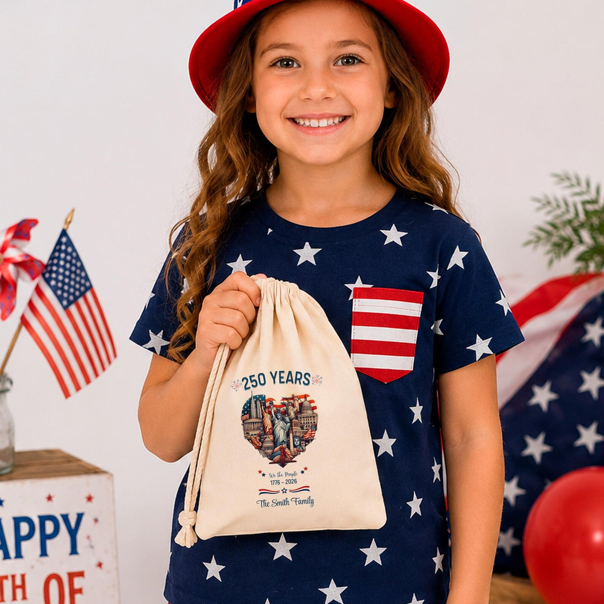 Personalized America 250 Santa Sacks, USA 250th Anniversary Cotton Gift Sack, We The People Patriotic Party Favor, Custom Family Name Bag