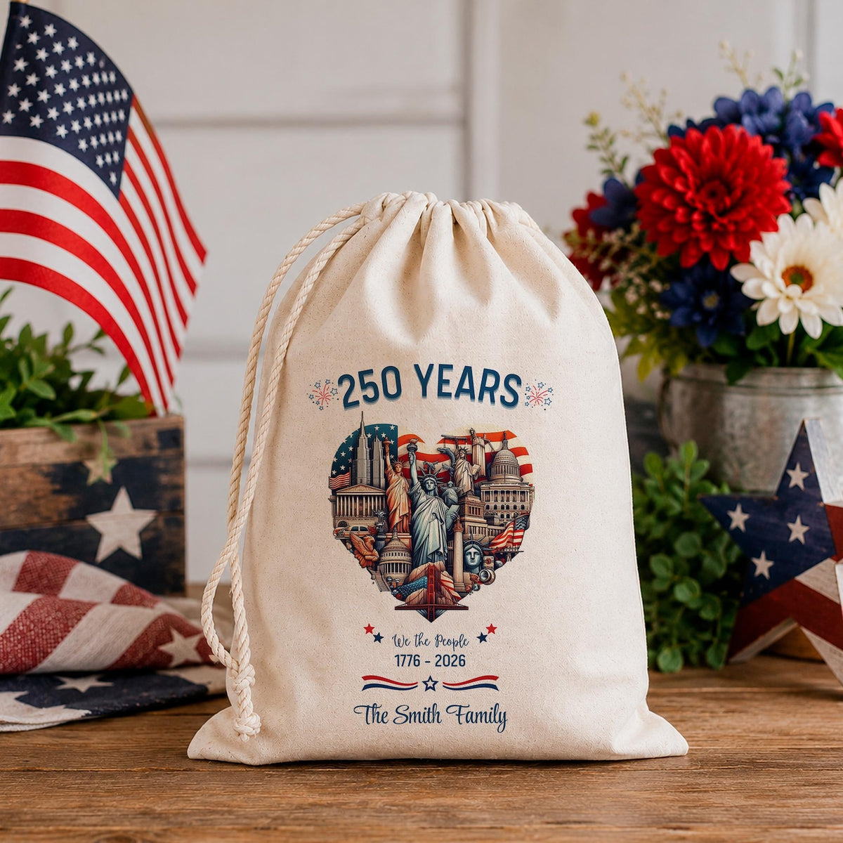 Personalized America 250 Santa Sacks, USA 250th Anniversary Cotton Gift Sack, We The People Patriotic Party Favor, Custom Family Name Bag
