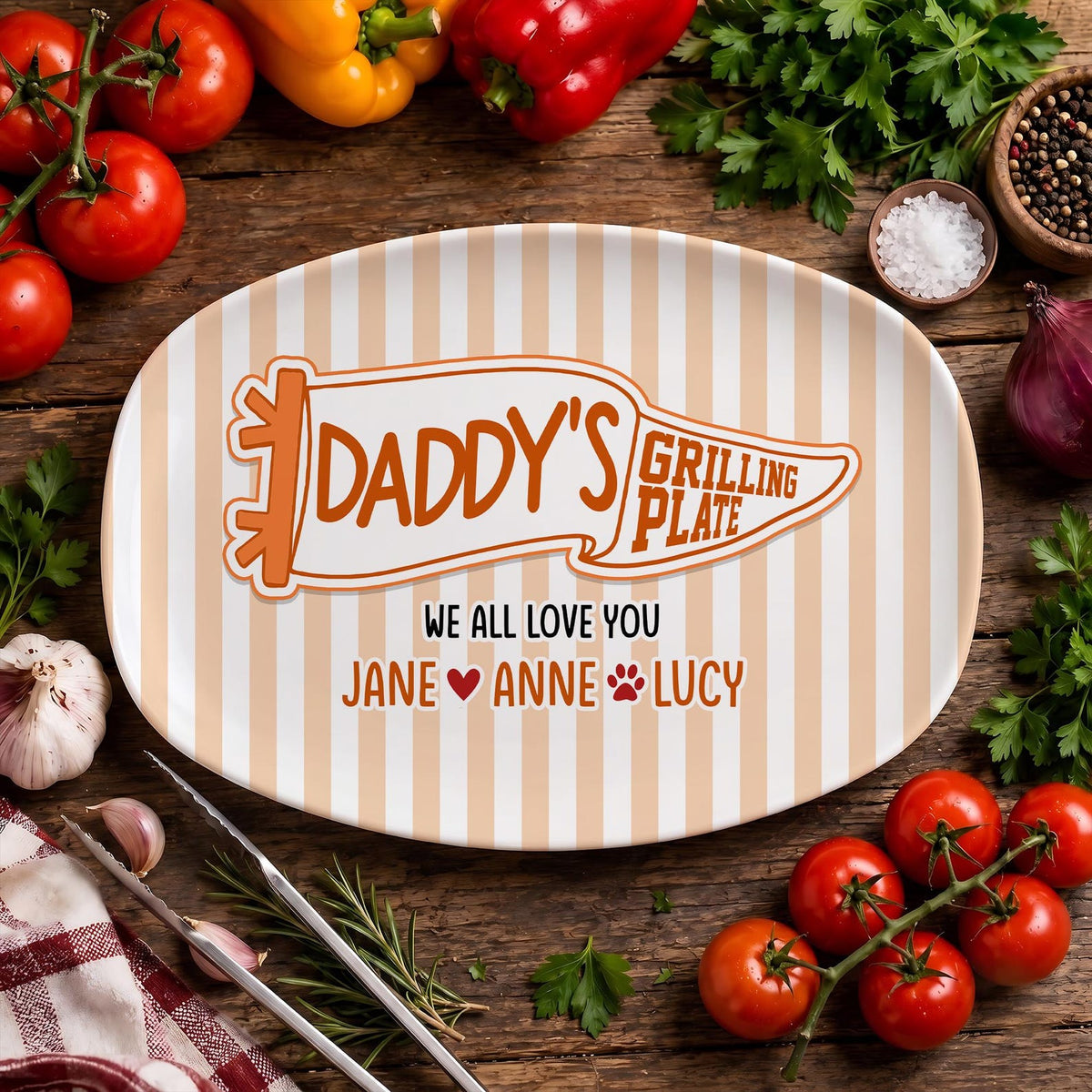Custom Pennant Flag Dad Grilling Plate, Personalized BBQ Platter Father's Day Gift from Kids, Grandpa Gifts