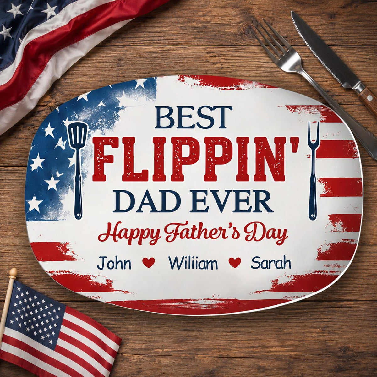 Best Flippin' Dad Ever-Personalized Best Flippin Dad Ever Grilling Plate,Custom American Flag BBQ Platter Kids Names,Patriotic Father's Day