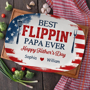 Best Flippin' Dad Ever-Personalized Best Flippin Dad Ever Grilling Plate,Custom American Flag BBQ Platter Kids Names,Patriotic Father's Day