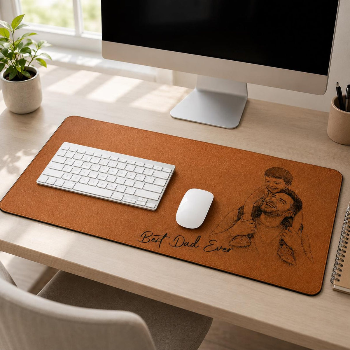 Custom Photo Sketch Line Art Leather Desk Mat, Fathers Day 2026 Gift For Husband, Personalized Daddy Kid Picture Mouse Pad Office Decor
