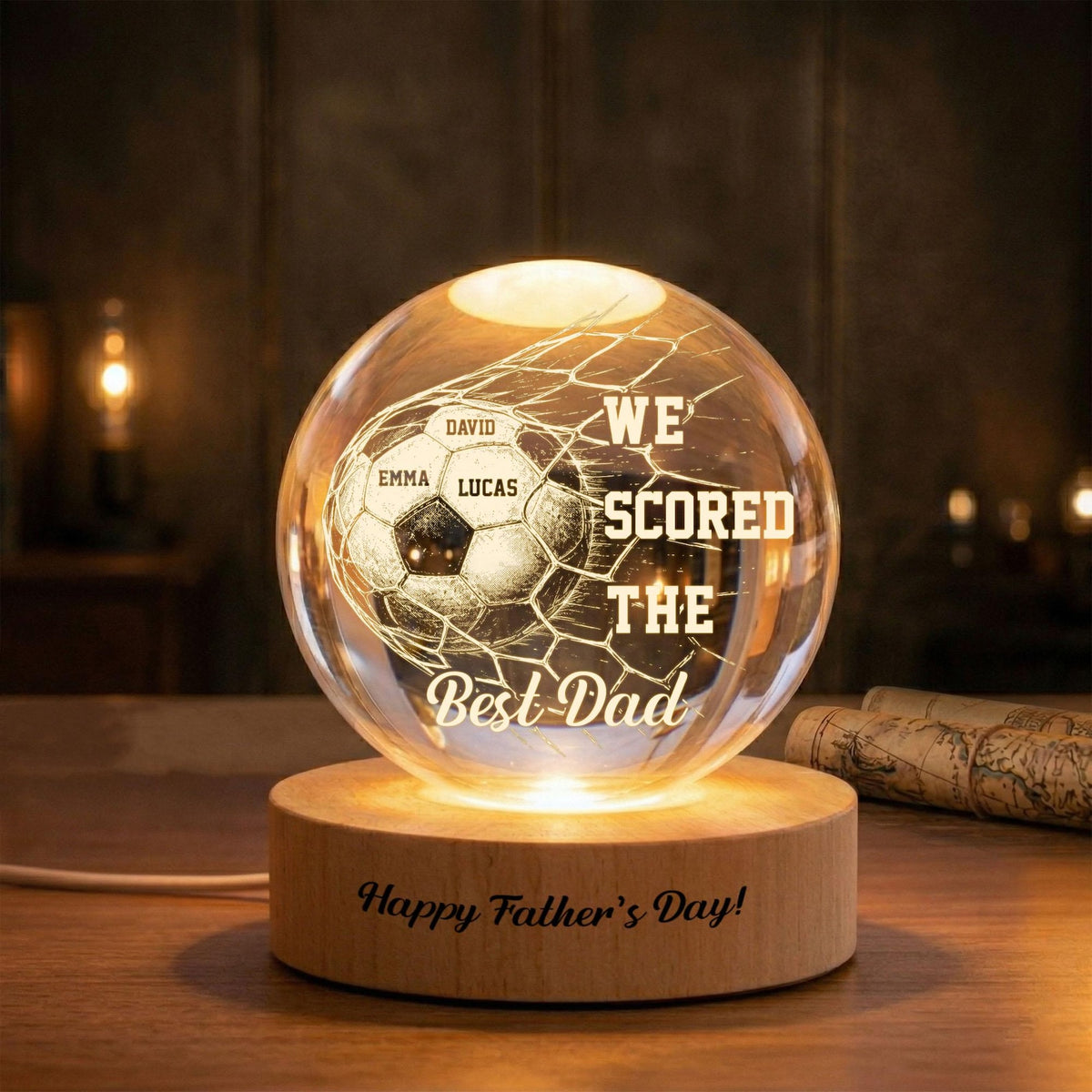 We Scored the Best Dad, Personalized Soccer Dad Crystal Ball Night Light, Custom Name Gift for Soccer Dad