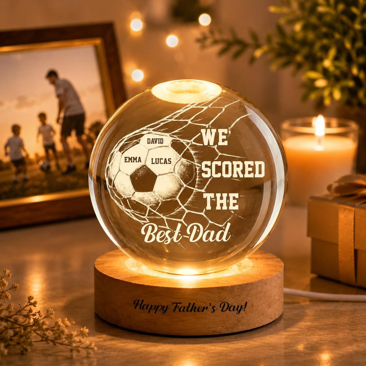 We Scored the Best Dad, Personalized Soccer Dad Crystal Ball Night Light, Custom Name Gift for Soccer Dad