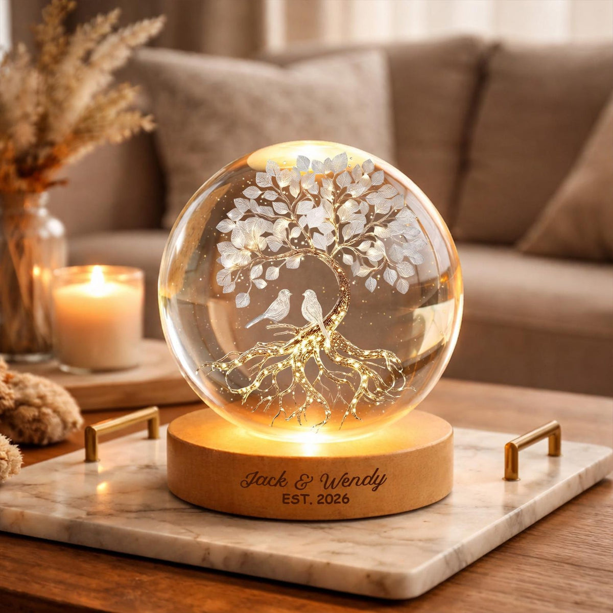 Personalized Couple Crystal Ball Lamp, Custom Love Tree Night Light, Romantic Anniversary Gift for Couples, Wedding Keepsake