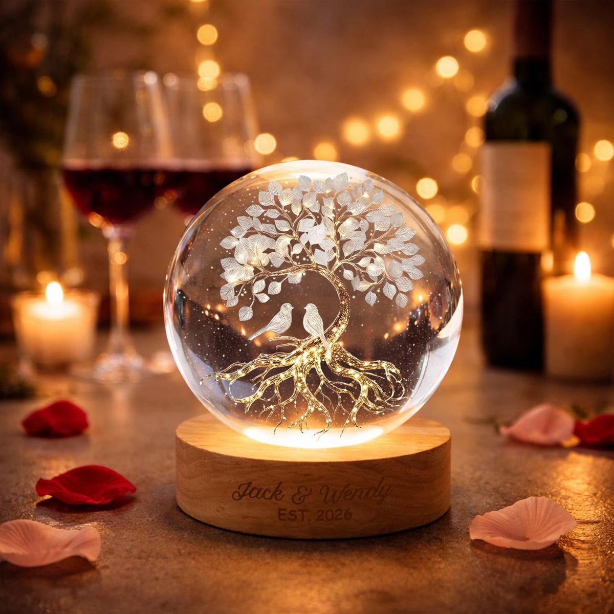Personalized Couple Crystal Ball Lamp, Custom Love Tree Night Light, Romantic Anniversary Gift for Couples, Wedding Keepsake