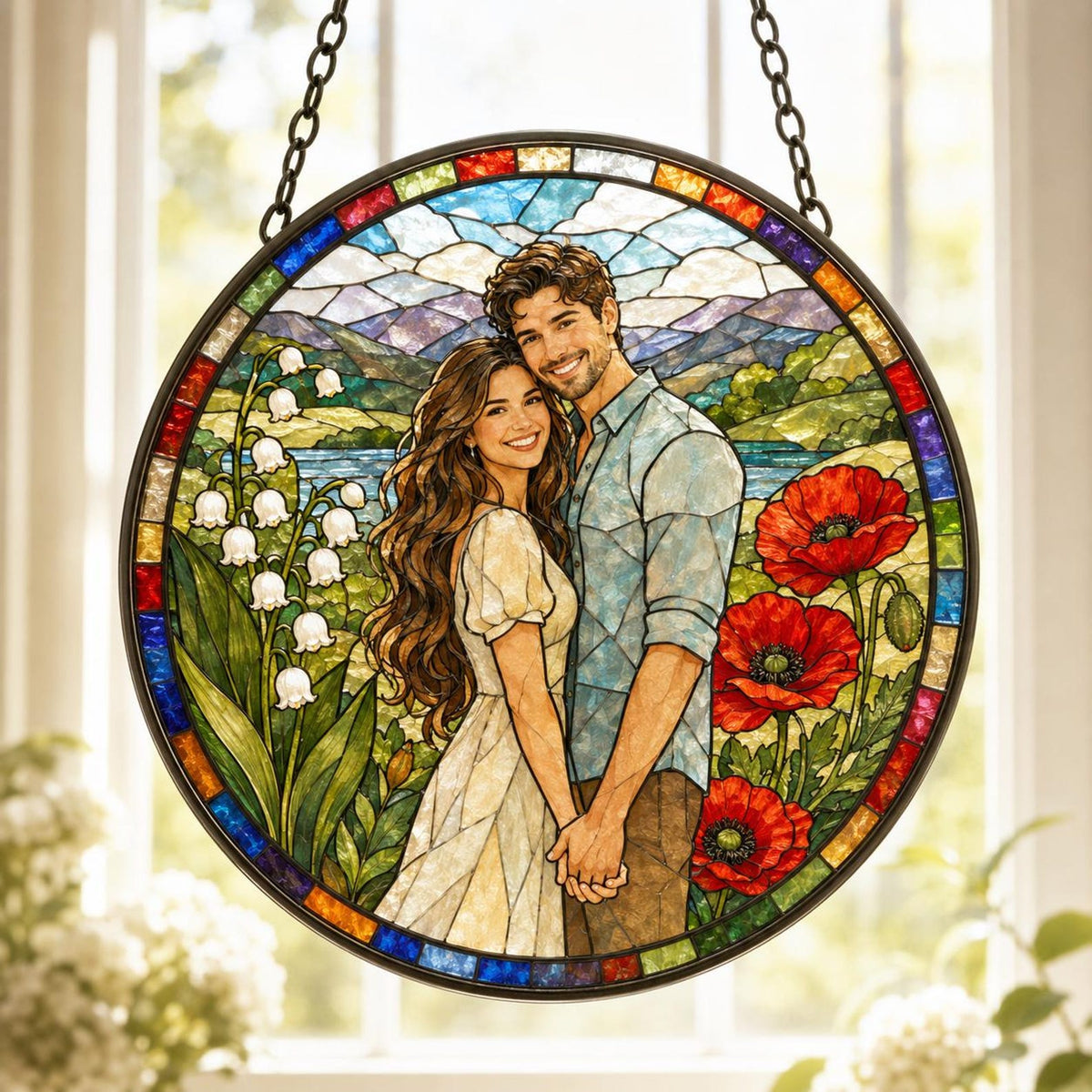 Custom Photo Suncatcher, Personalized Stained Glass Window Hanging, Couple Portrait Gift, Photo to Glass Art, Unique Picture Keepsake