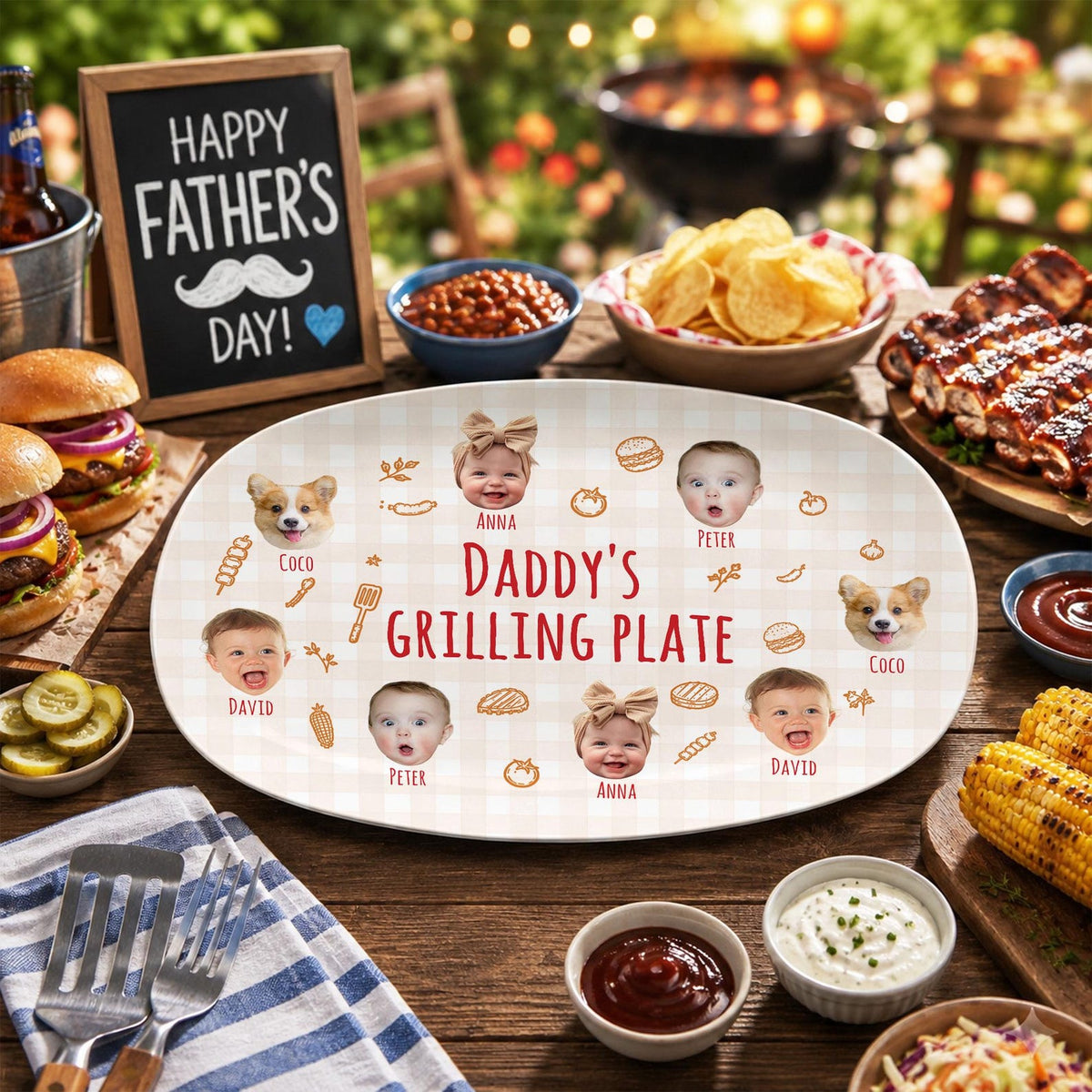 Personalized Pet & Kids Photo Dads Grilling Plate, Funny Kids Photo Platter, BBQ Dad Gift For Husband, Grandpa Gift, Fathers Day Gift Idea