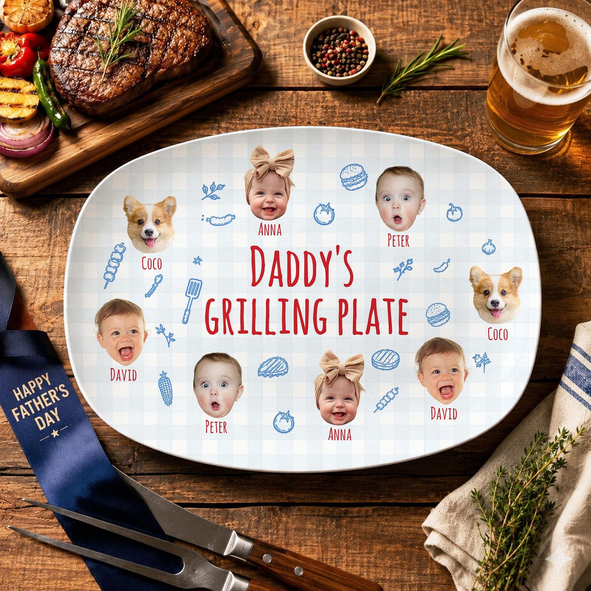 Personalized Pet & Kids Photo Dads Grilling Plate, Funny Kids Photo Platter, BBQ Dad Gift For Husband, Grandpa Gift, Fathers Day Gift Idea