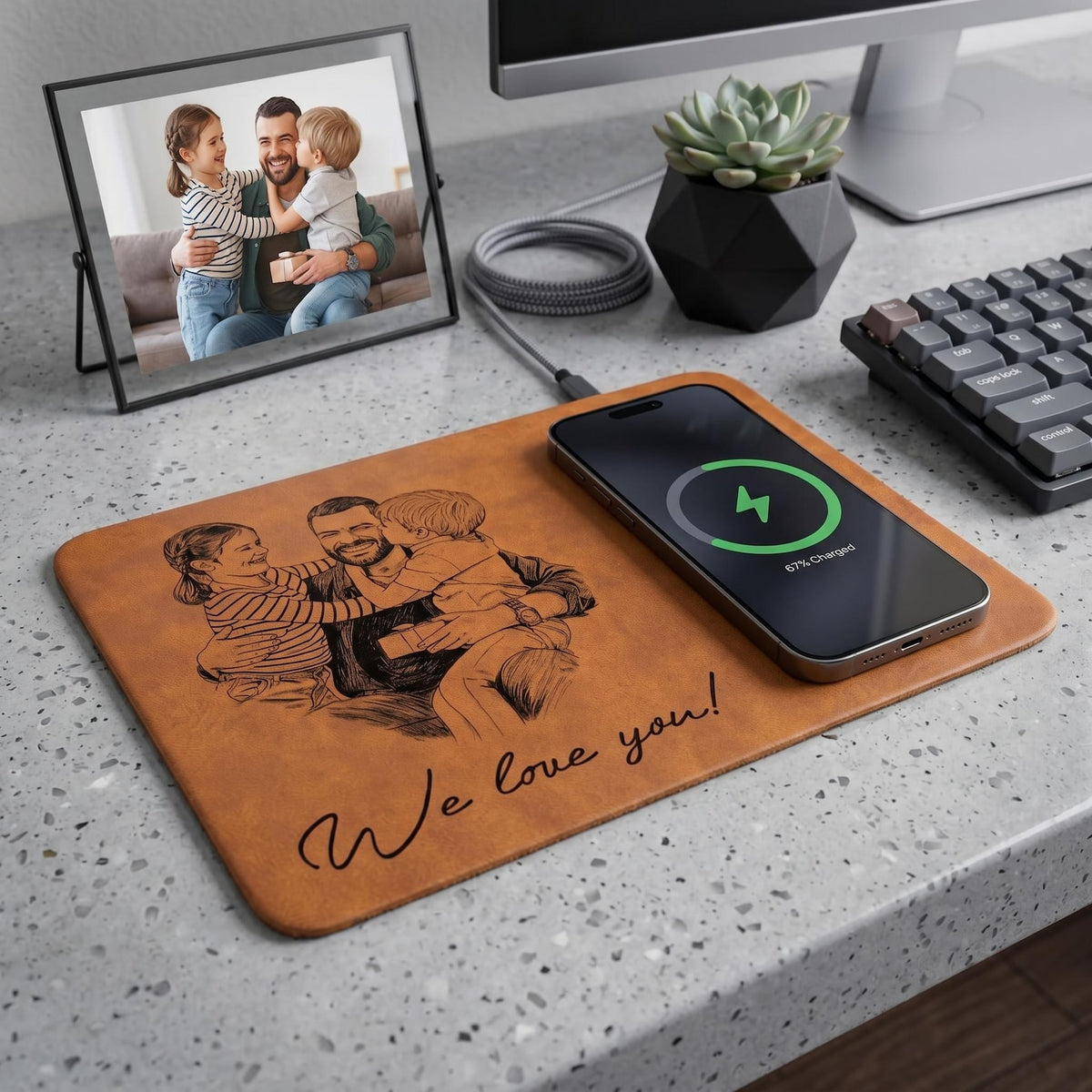 Personalized Fathers Day Gift Custom Photo Sketch Charging Pad, Custom Wireless Charger Pad For Husband Dad, Office Husband Desk Decor