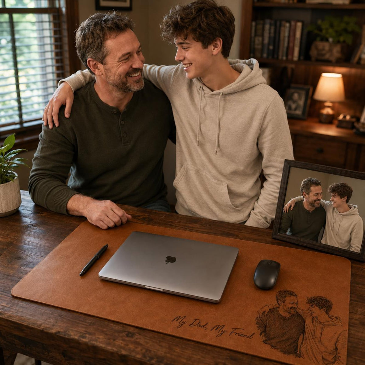 Personalized Dad Photo Leather Desk Mat, Custom Sketch Art Mouse Pad, Father s Day Gift for Daddy, Papa, Grandpa