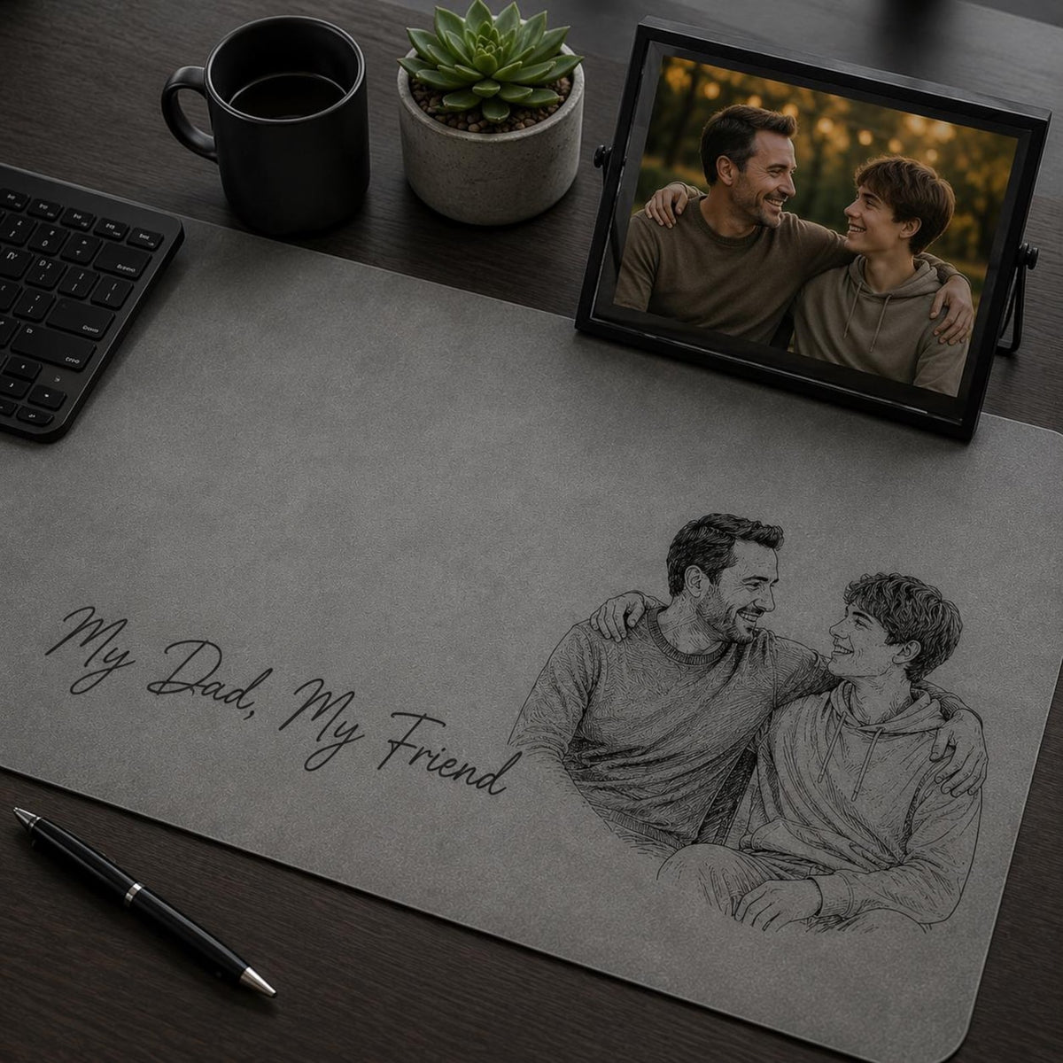 Personalized Dad Photo Leather Desk Mat, Custom Sketch Art Mouse Pad, Father s Day Gift for Daddy, Papa, Grandpa
