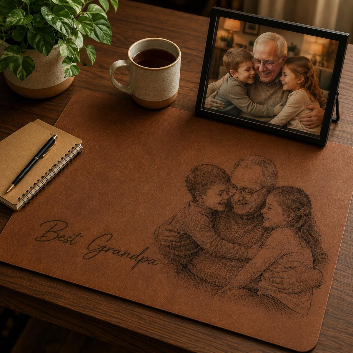 Personalized Dad Photo Leather Desk Mat, Custom Sketch Art Mouse Pad, Father s Day Gift for Daddy, Papa, Grandpa
