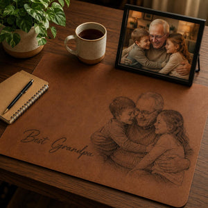 Personalized Dad Photo Leather Desk Mat, Custom Sketch Art Mouse Pad, Father s Day Gift for Daddy, Papa, Grandpa