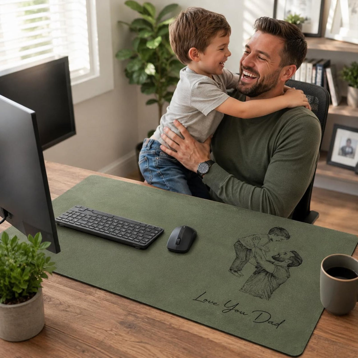 Personalized Dad Photo Leather Desk Mat, Custom Sketch Art Mouse Pad, Father s Day Gift for Daddy, Papa, Grandpa