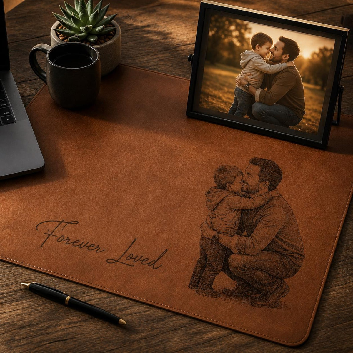 Personalized Dad Photo Leather Desk Mat, Custom Sketch Art Mouse Pad, Father s Day Gift for Daddy, Papa, Grandpa