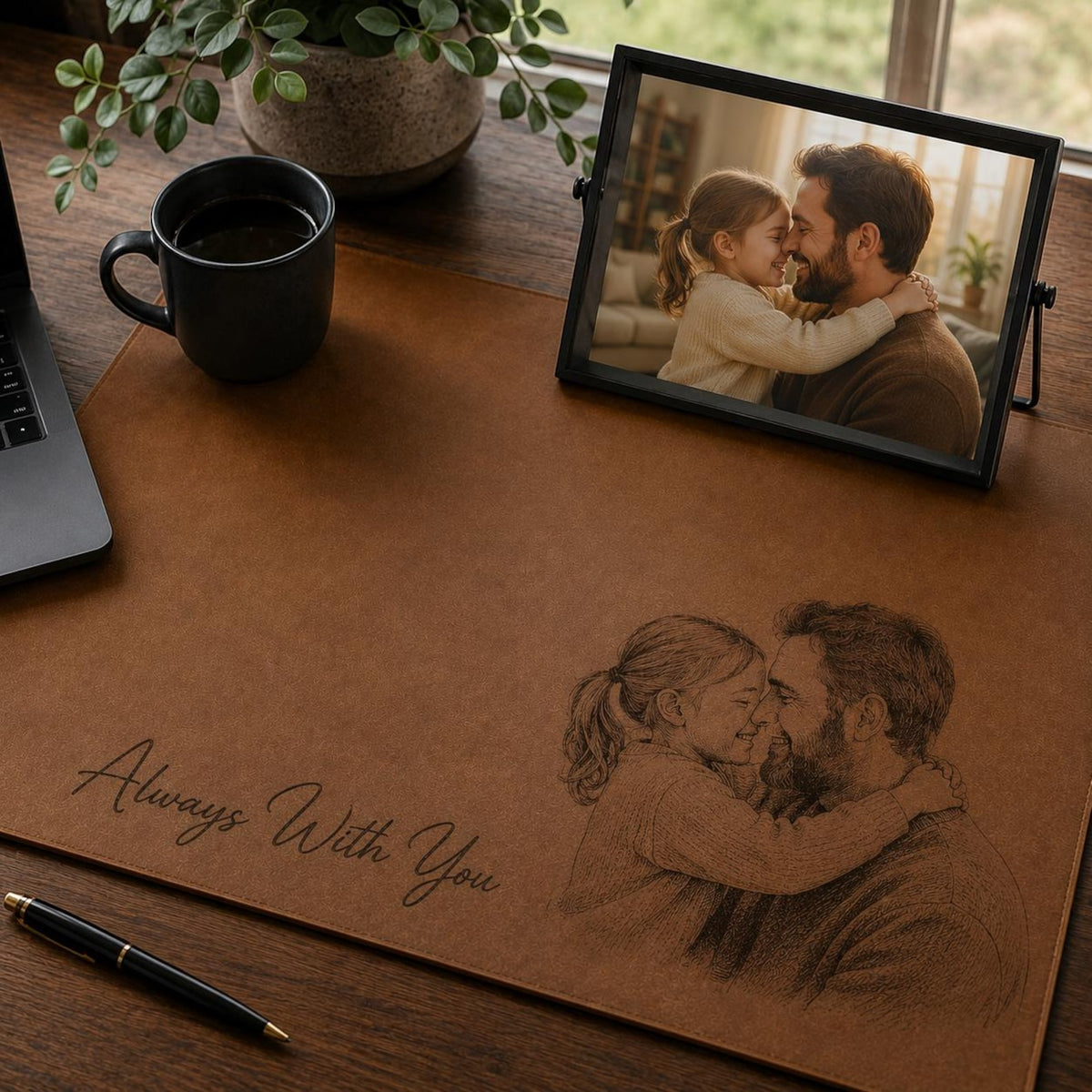 Personalized Dad Photo Leather Desk Mat, Custom Sketch Art Mouse Pad, Father s Day Gift for Daddy, Papa, Grandpa