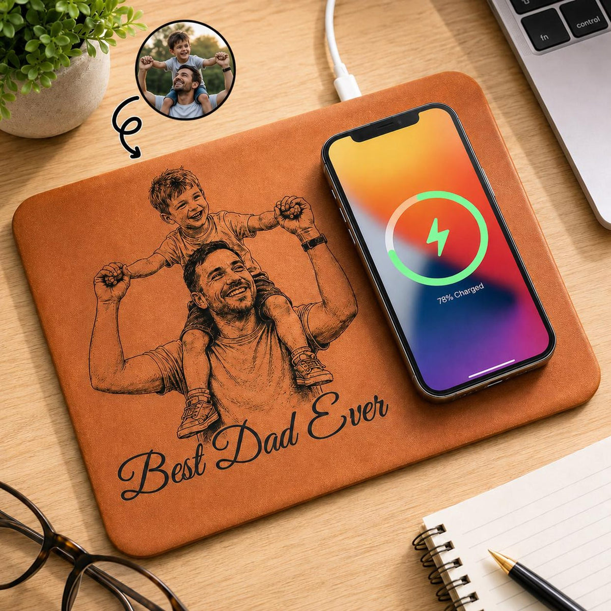 Custom Photo Sketch Line Art Wireless Charging Pad, Fathers Day 2026 Gift For Husband, Personalized Leather Charger Mat, Dad Office Decor