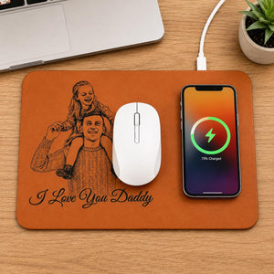 Custom Photo Sketch Line Art Wireless Charging Pad, Fathers Day 2026 Gift For Husband, Personalized Leather Charger Mat, Dad Office Decor