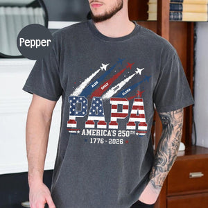 Custom Papa America 250th Shirt, Personalized 1776 2026 Us Flag Tee, Vintage Fighter Jet Fathers Day Presents, Patriotic Grandpa Clothing
