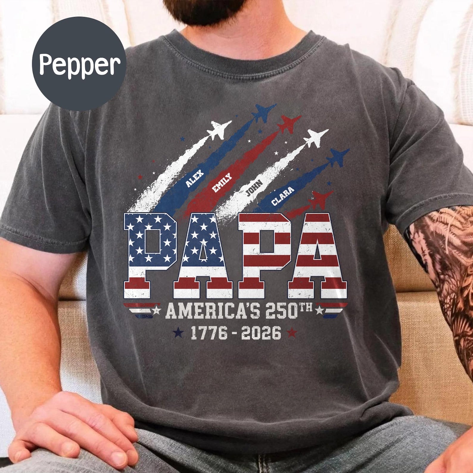 Custom Papa America 250th Shirt, Personalized 1776 2026 Us Flag Tee, Vintage Fighter Jet Fathers Day Presents, Patriotic Grandpa Clothing
