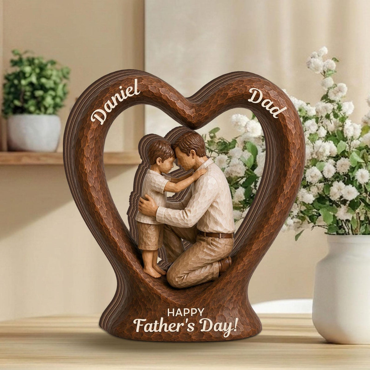 Custom Name Gift for Dad, Personalized Dad Kids Heart 2D FLAT Wooden Block, Father Child Keepsake, Family Wooden Decor, Fathers Day Gift