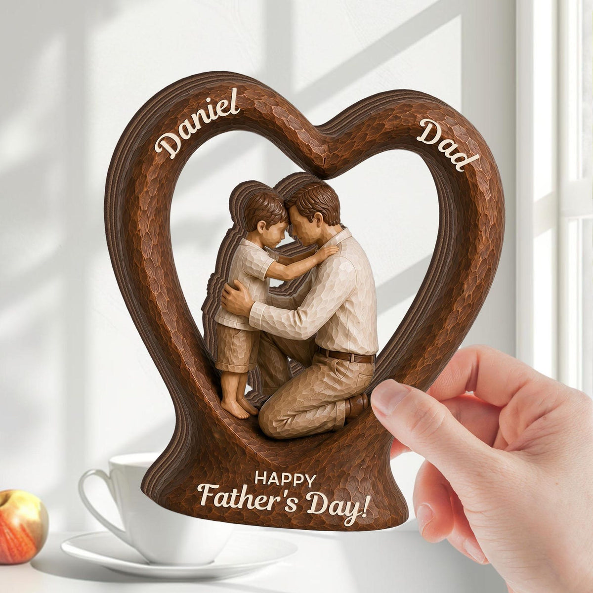 Custom Name Gift for Dad, Personalized Dad Kids Heart 2D FLAT Wooden Block, Father Child Keepsake, Family Wooden Decor, Fathers Day Gift