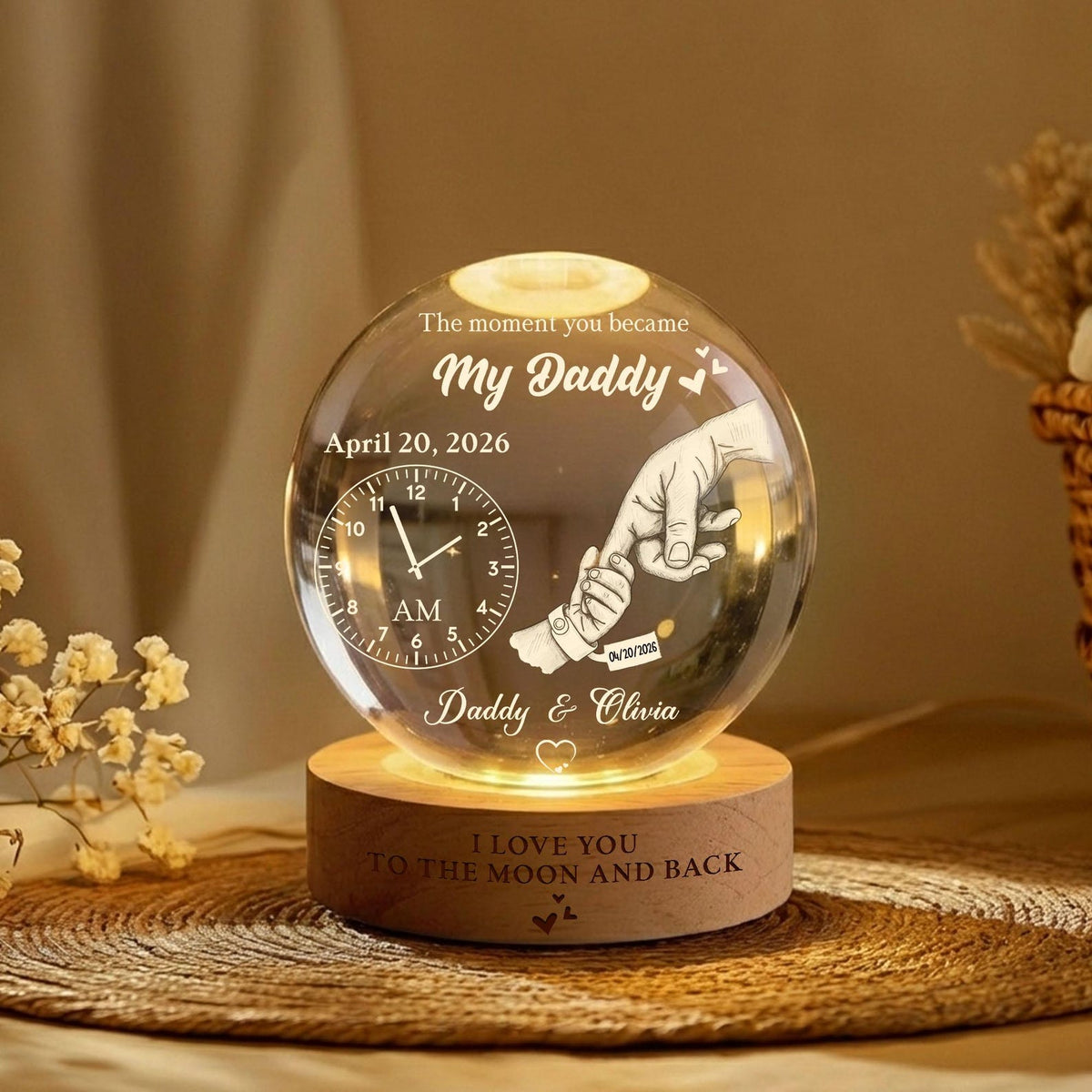 The Moment You Became My Daddy Personalized Crystal Ball Night Light, Gift for New Daddy, 1st Father's Day Gift, New Dad Gift from Baby