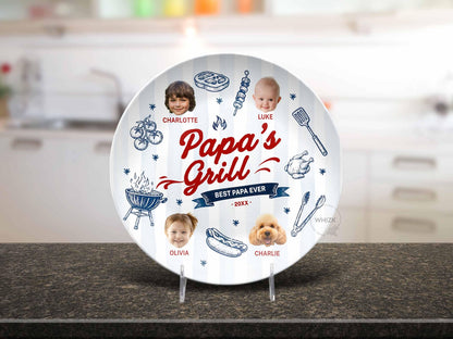 Papa's Grilling Plate Round, Personalized Grandpa Platter, Papa Photo BBQ Plate With Kids Face, Fathers Day Gift From Grandkids