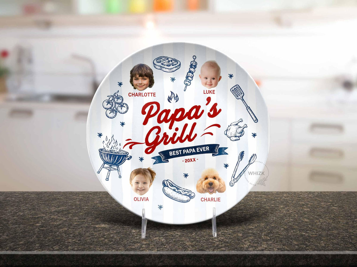 Papa's Grilling Plate Round, Personalized Grandpa Platter, Papa Photo BBQ Plate With Kids Face, Fathers Day Gift From Grandkids