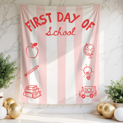 Striped First Day of School Banner, Back to School Sign, Personalized Photo Backdrop, Classroom Decor, Striped Fabric Banner Decor