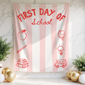 Striped First Day of School Banner, Back to School Sign, Personalized Photo Backdrop, Classroom Decor, Striped Fabric Banner Decor