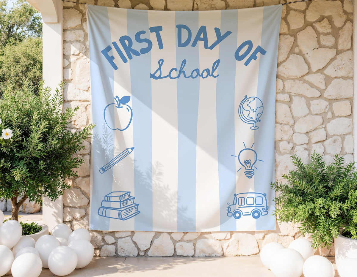 Striped First Day of School Banner, Back to School Sign, Personalized Photo Backdrop, Classroom Decor, Striped Fabric Banner Decor