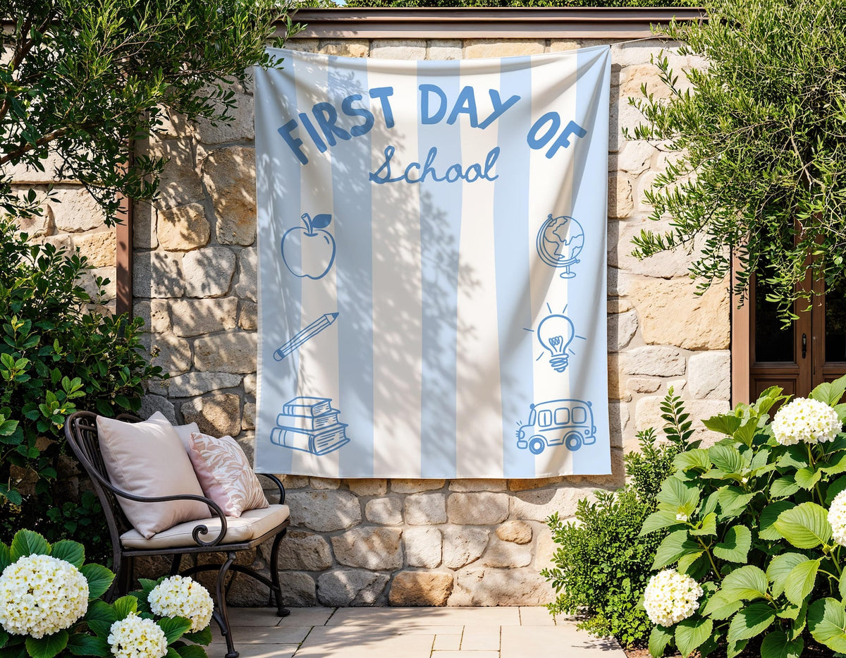 Striped First Day of School Banner, Back to School Sign, Personalized Photo Backdrop, Classroom Decor, Striped Fabric Banner Decor