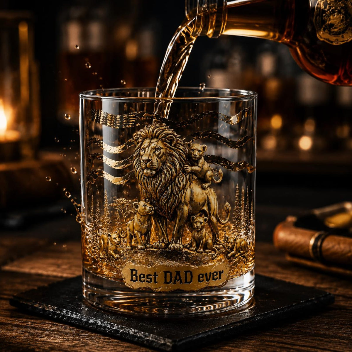 Personalized Lion Family Whiskey Glass Custom Names on Cubs Best Dad Ever Gift Father's Day Gift