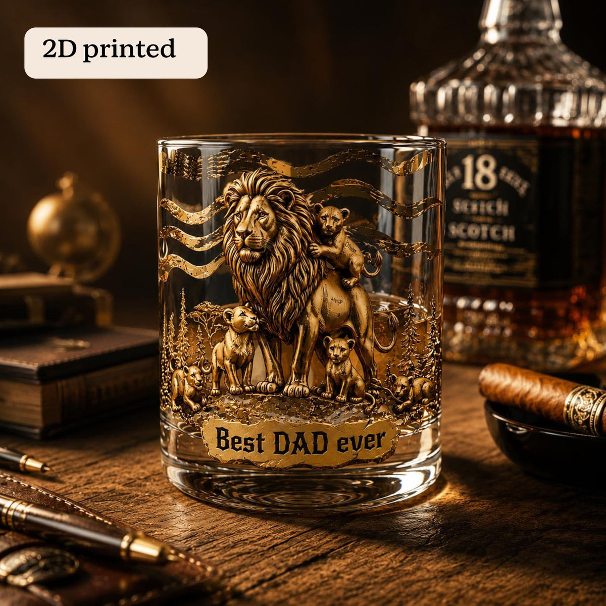 Personalized Lion Family Whiskey Glass Custom Names on Cubs Best Dad Ever Gift Father's Day Gift