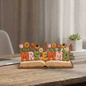 Personalized Teacher Desk Name Wooden Plaque Back To School Gift For Teachers Appreciation, Floral Book Wood Sign, School Counselor Gift
