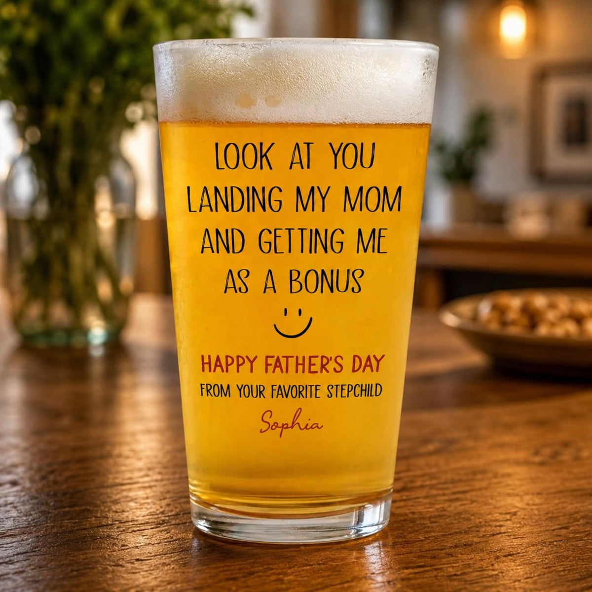 Personalized Funny Bonus Dad Beer Glass, Stepdad Pint Glass, Custom Name Father's Day Gift from Stepchild, Stepfather Humor Beer Mug for Him