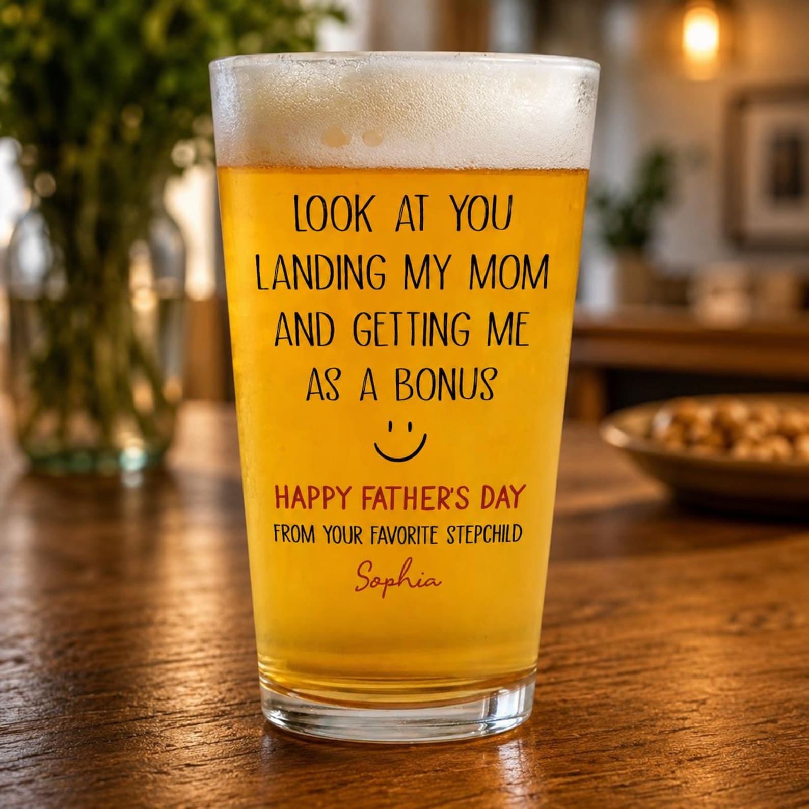 Personalized Funny Bonus Dad Beer Glass, Stepdad Pint Glass, Custom Name Father's Day Gift from Stepchild, Stepfather Humor Beer Mug for Him