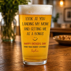 Personalized Funny Bonus Dad Beer Glass, Stepdad Pint Glass, Custom Name Father's Day Gift from Stepchild, Stepfather Humor Beer Mug for Him