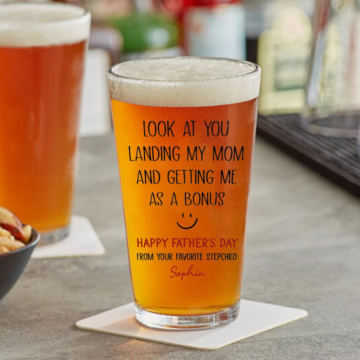 Personalized Funny Bonus Dad Beer Glass, Stepdad Pint Glass, Custom Name Father's Day Gift from Stepchild, Stepfather Humor Beer Mug for Him